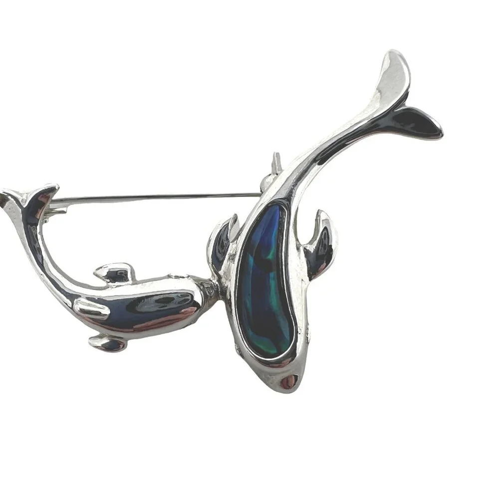 Dolphin Brooch Silver Tone Two Porpoise‎ Ocean Beach Marine Life Pin